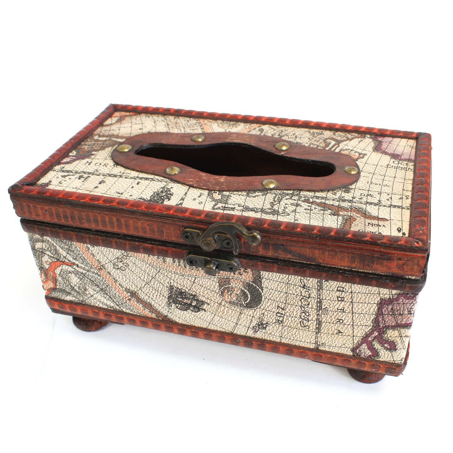 Antike Taschentuchbox mit Landkarte und Beinen