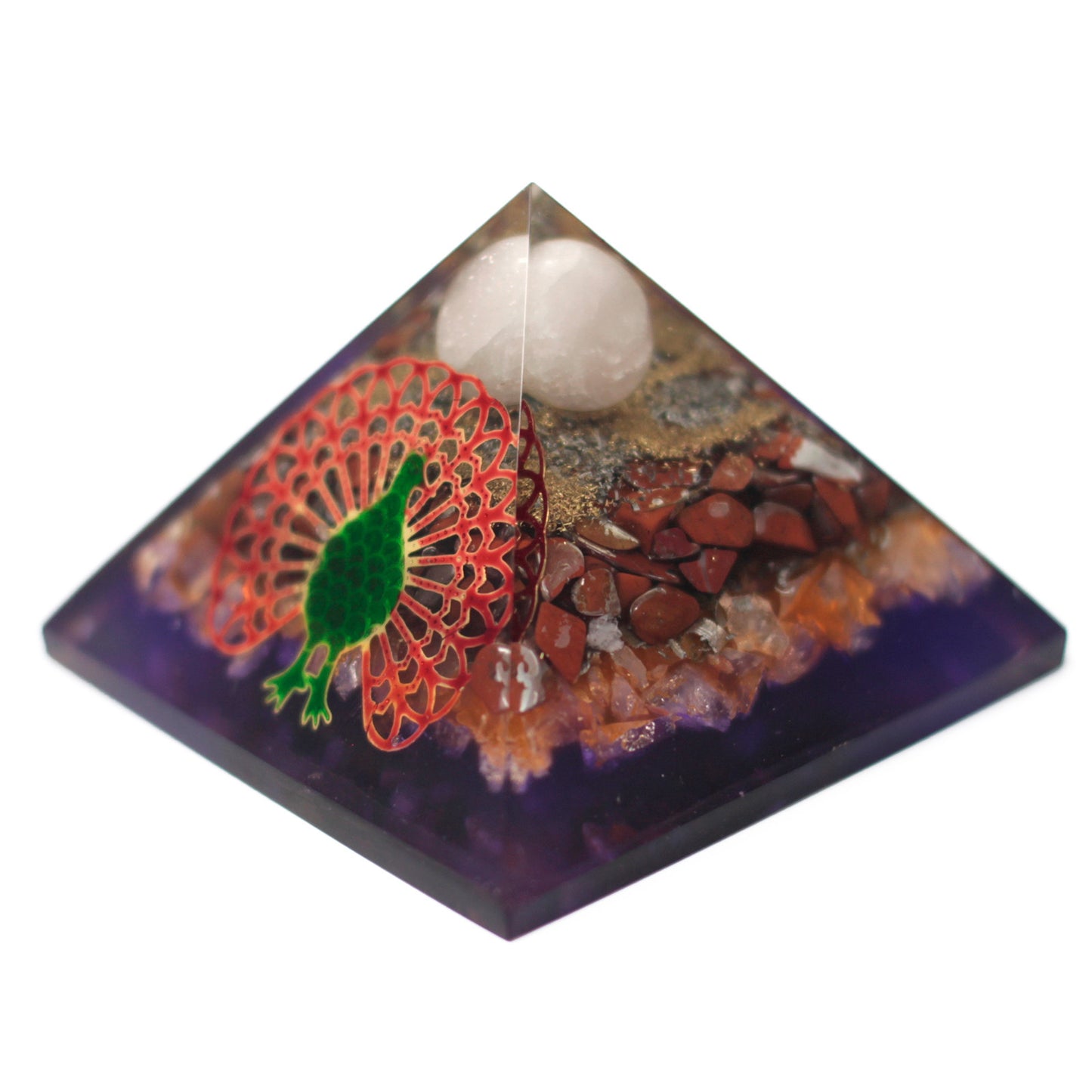Grande pyramide en organite 70 cm - Paon (base au sol)