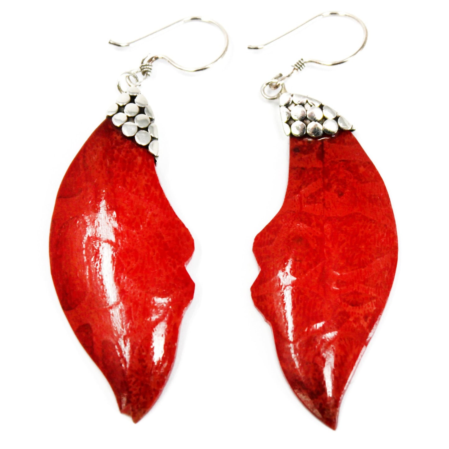 Boucles d'oreilles argent et corail - Feuilles tombantes