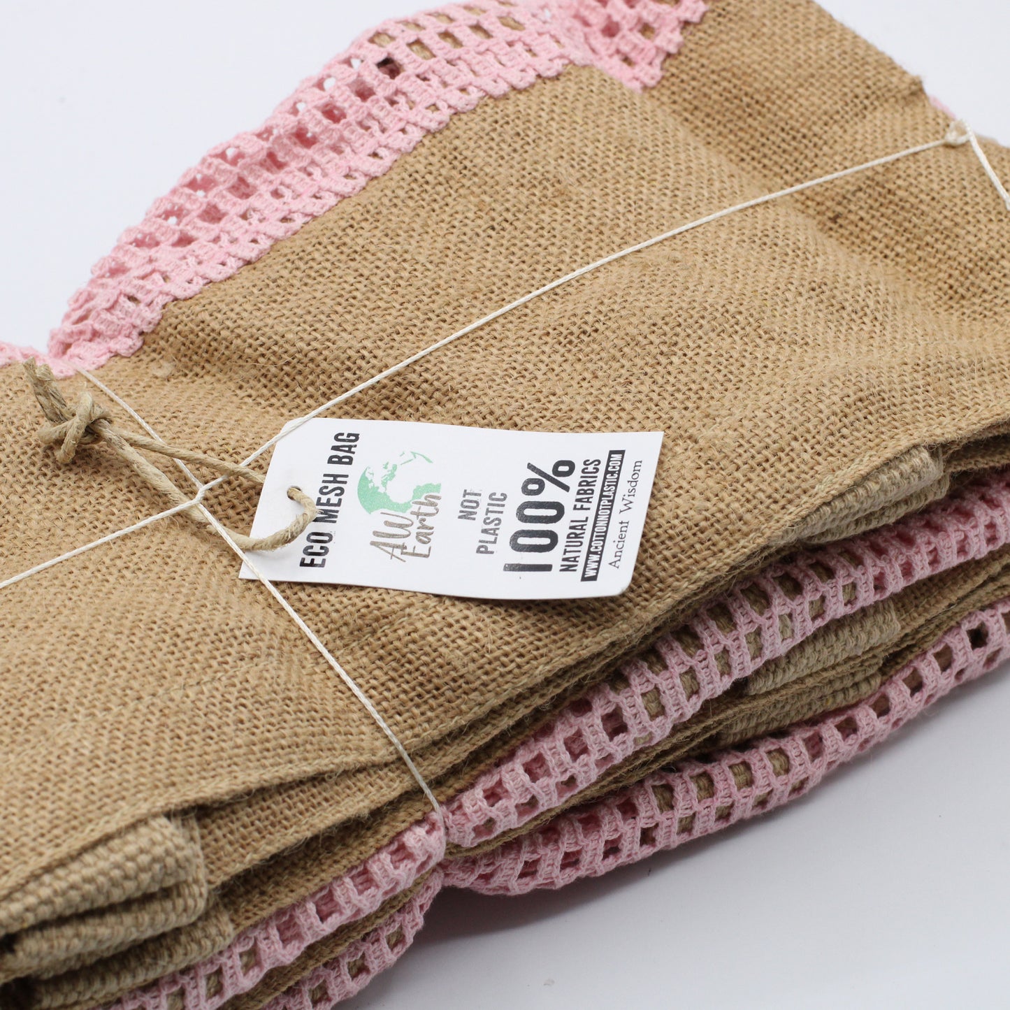 Sac en pur jute doux et filet de coton - Rose