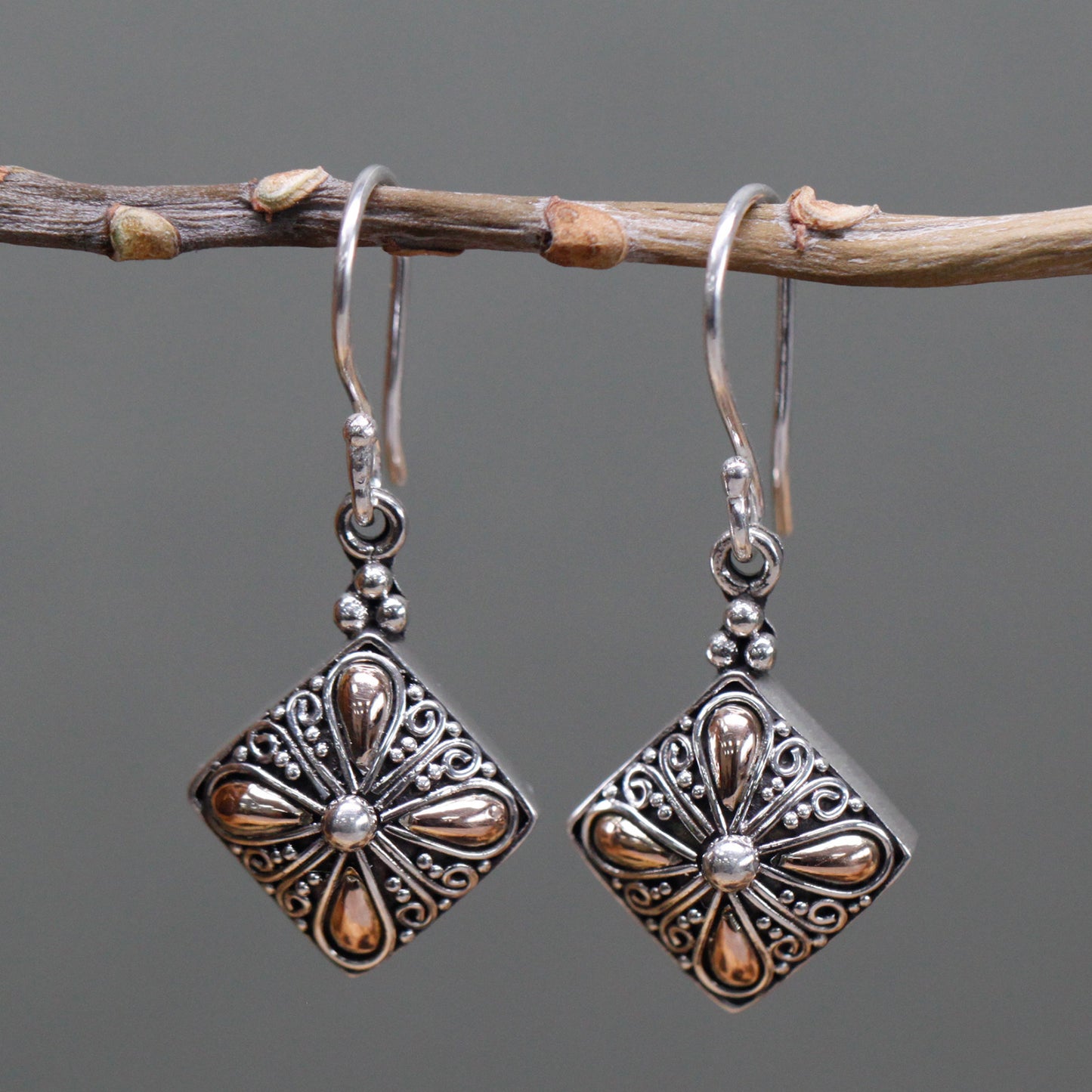 Boucles d'oreilles en argent et or - Goutte carrée