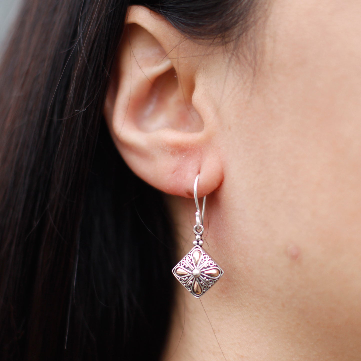 Boucles d'oreilles en argent et or - Goutte carrée
