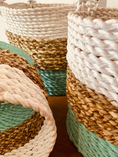Ensemble de paniers en jonc de mer - Vert/Naturel/Blanc