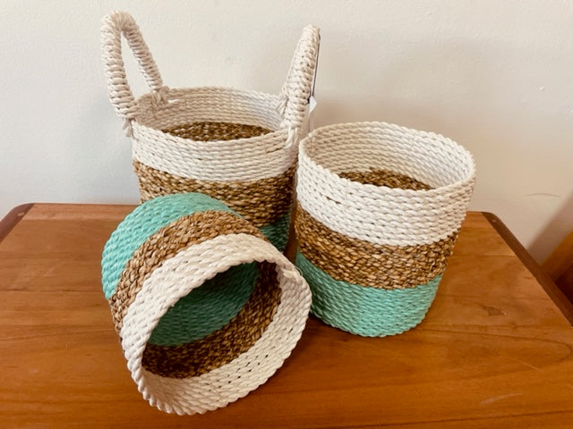 Ensemble de paniers en jonc de mer - Vert/Naturel/Blanc