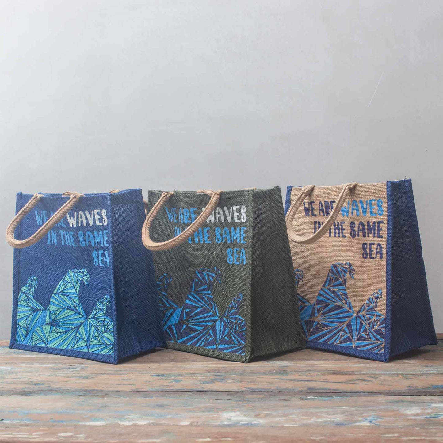 Sac en jute imprimé - We are waves - Gris, Bleu et Naturel