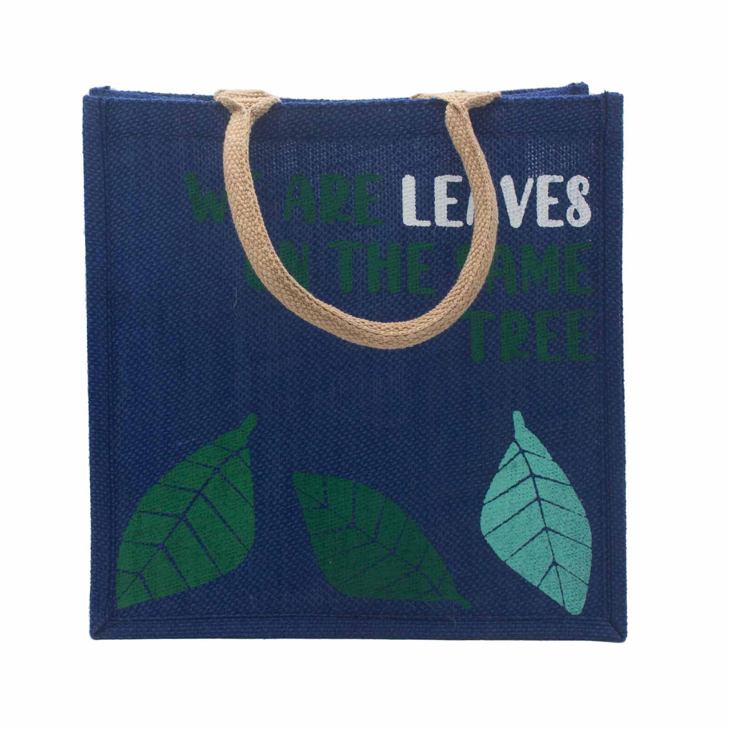 Sac en jute imprimé - Nous sommes des feuilles - Jaune, Bleu et Naturel