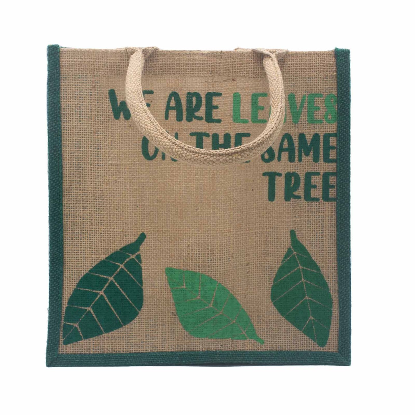 Sac en jute imprimé - Nous sommes des feuilles - Jaune, Bleu et Naturel