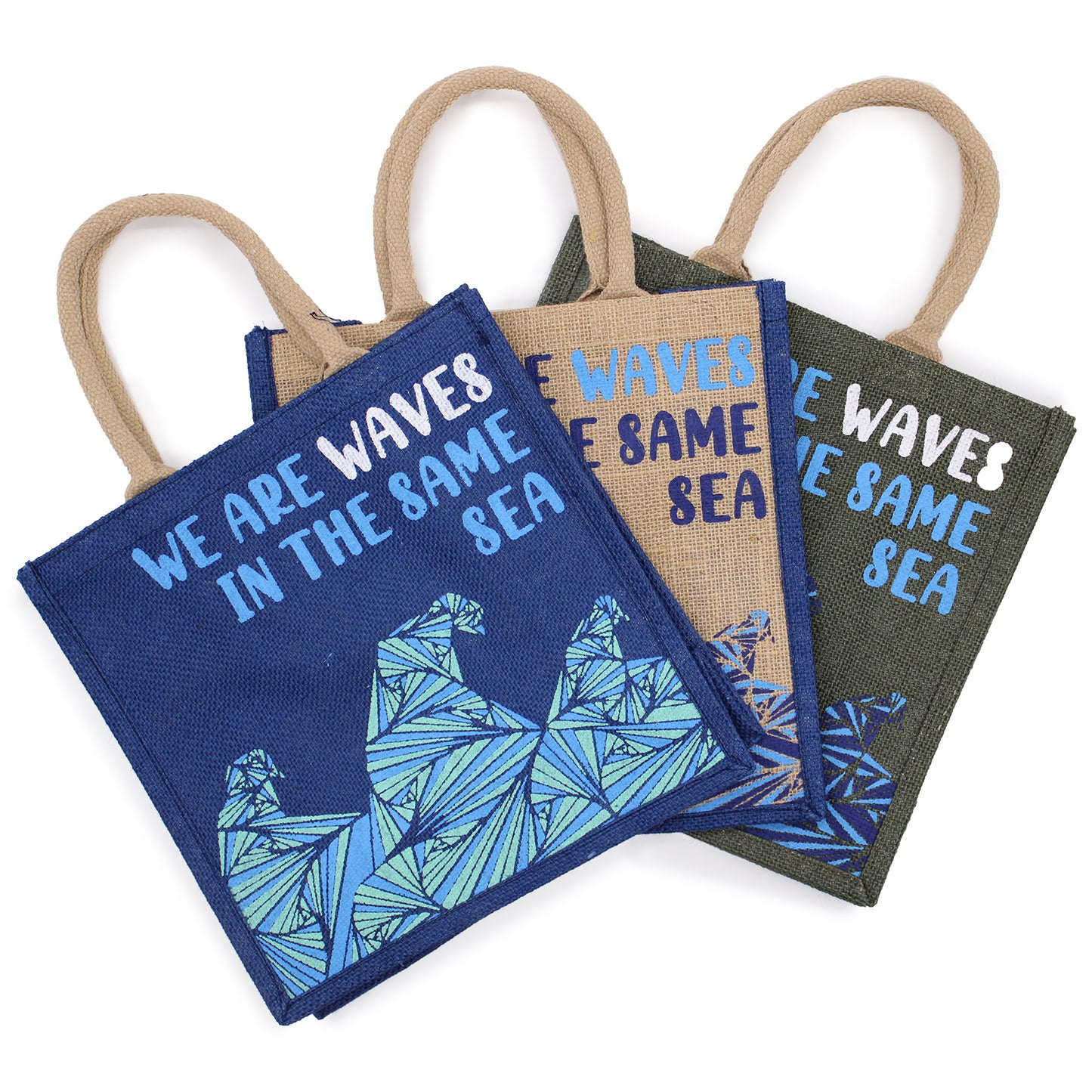Sac en jute imprimé - We are waves - Gris, Bleu et Naturel