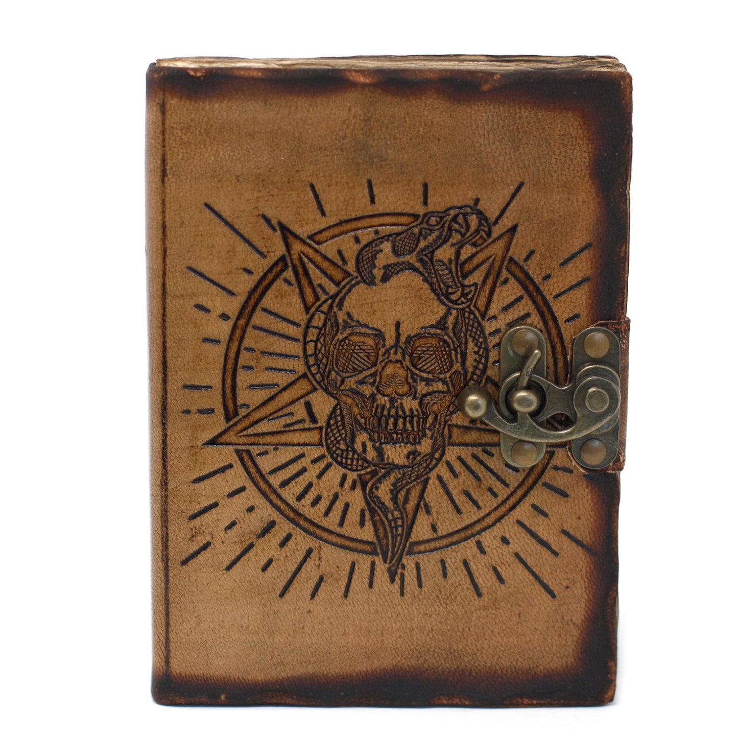 Carnet de notes en cuir Pentagone et crâne Feuilles brûlées