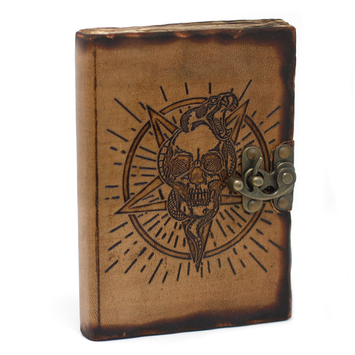Carnet de notes en cuir Pentagone et crâne Feuilles brûlées