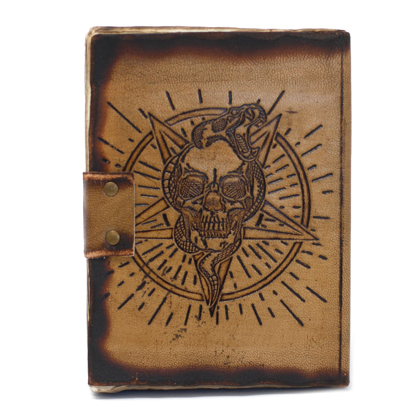 Carnet de notes en cuir Pentagone et crâne Feuilles brûlées