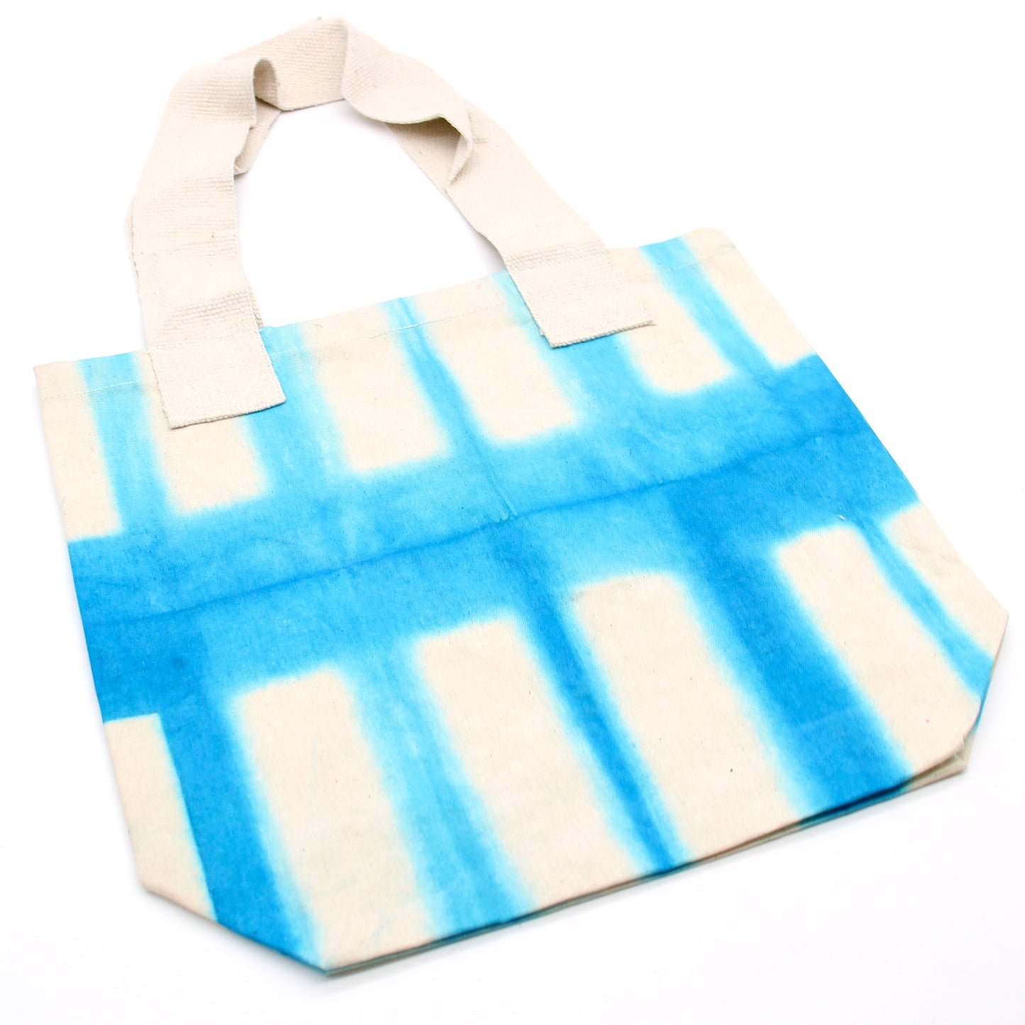 Sac en coton naturel motif « Tie Dye » (220 g) - 38 x 42 x 12 cm - Rectangles bleu clair - Anse naturelle