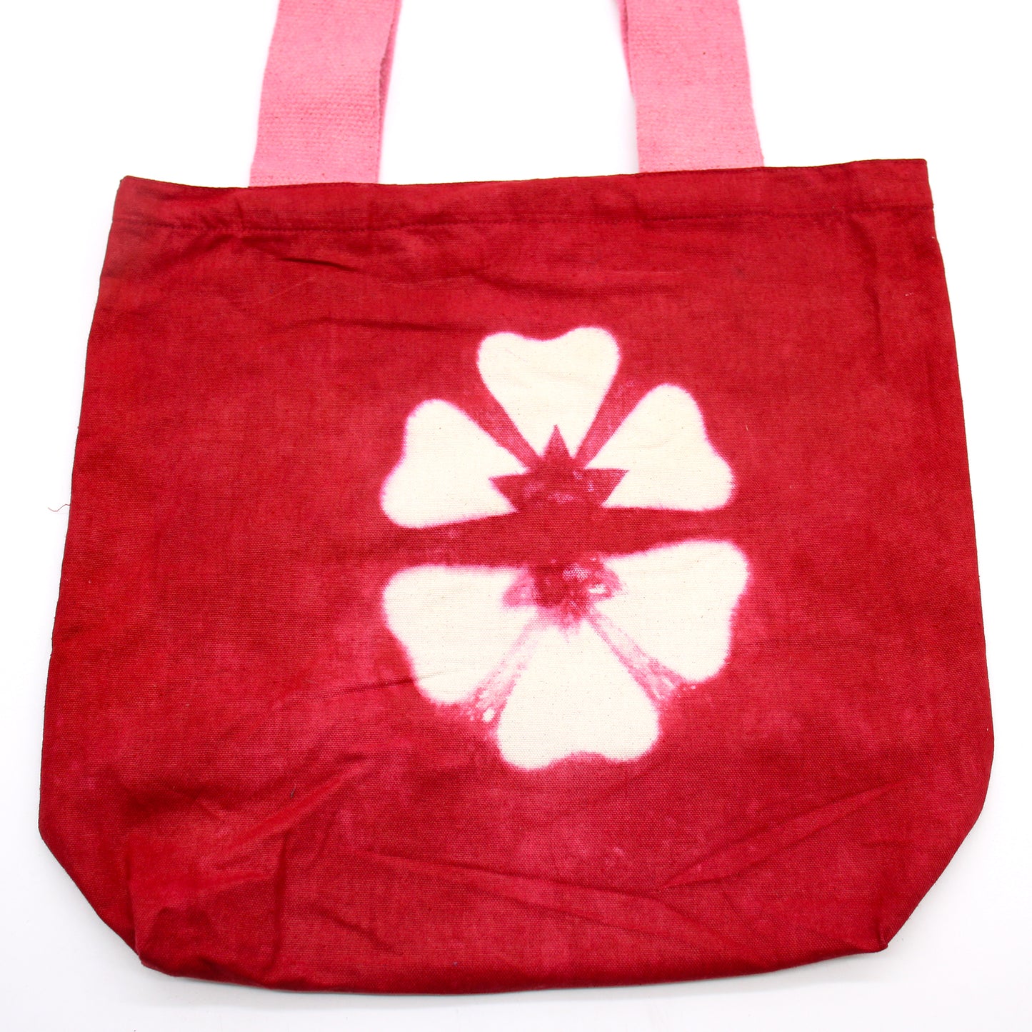 Sac en coton naturel motif « Tie Dye » (220 g) - 38 x 42 x 12 cm - Fleur grenat - Anse rose