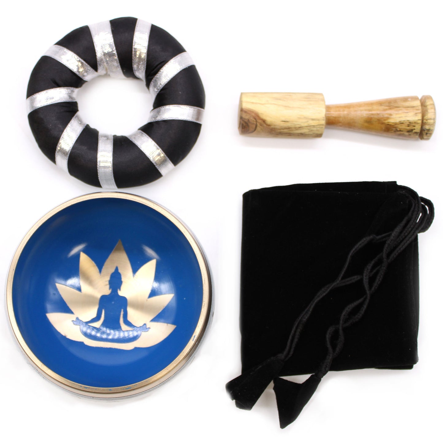 Ensemble de bols chantants tibétains - Mouvements de yoga - Blanc/Bleu 10,7 cm