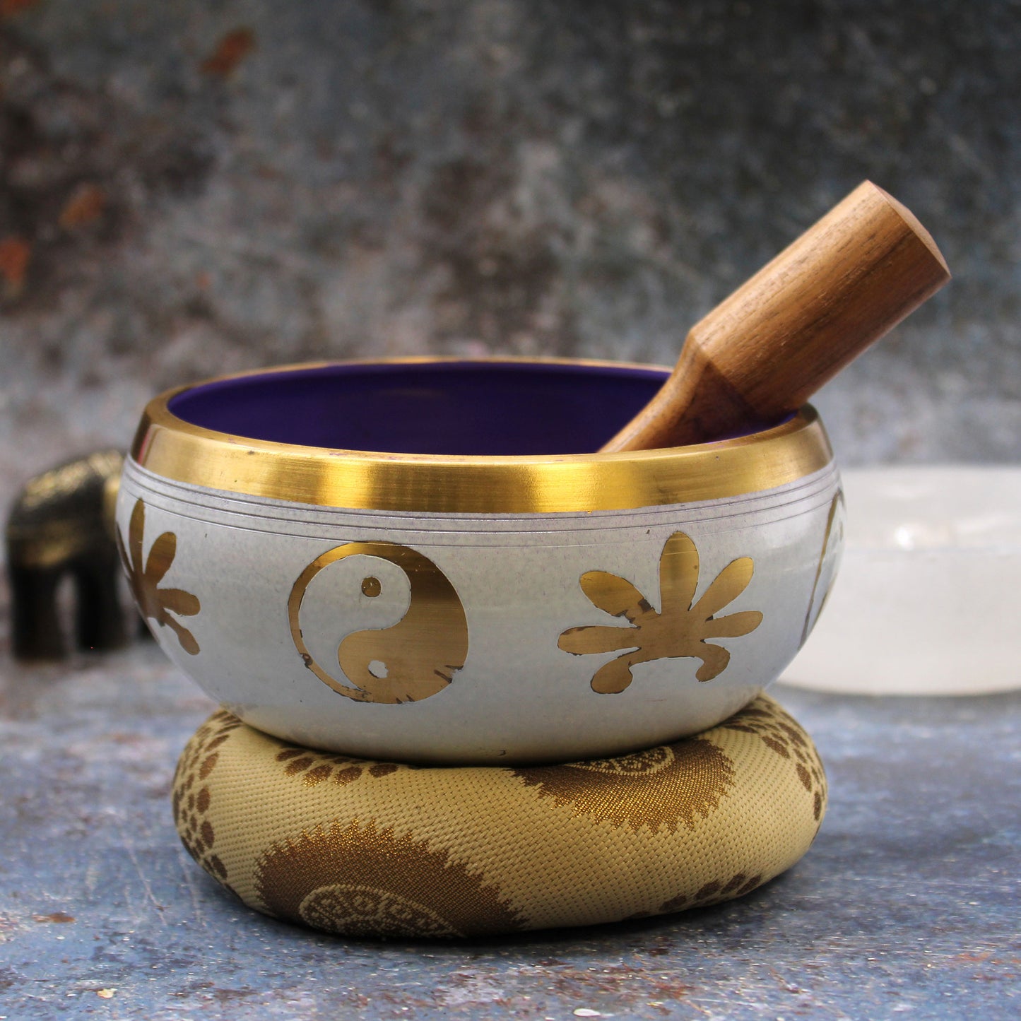Grand ensemble de bols chantants tibétains - Yin et Yang - Blanc/Violet 14 cm