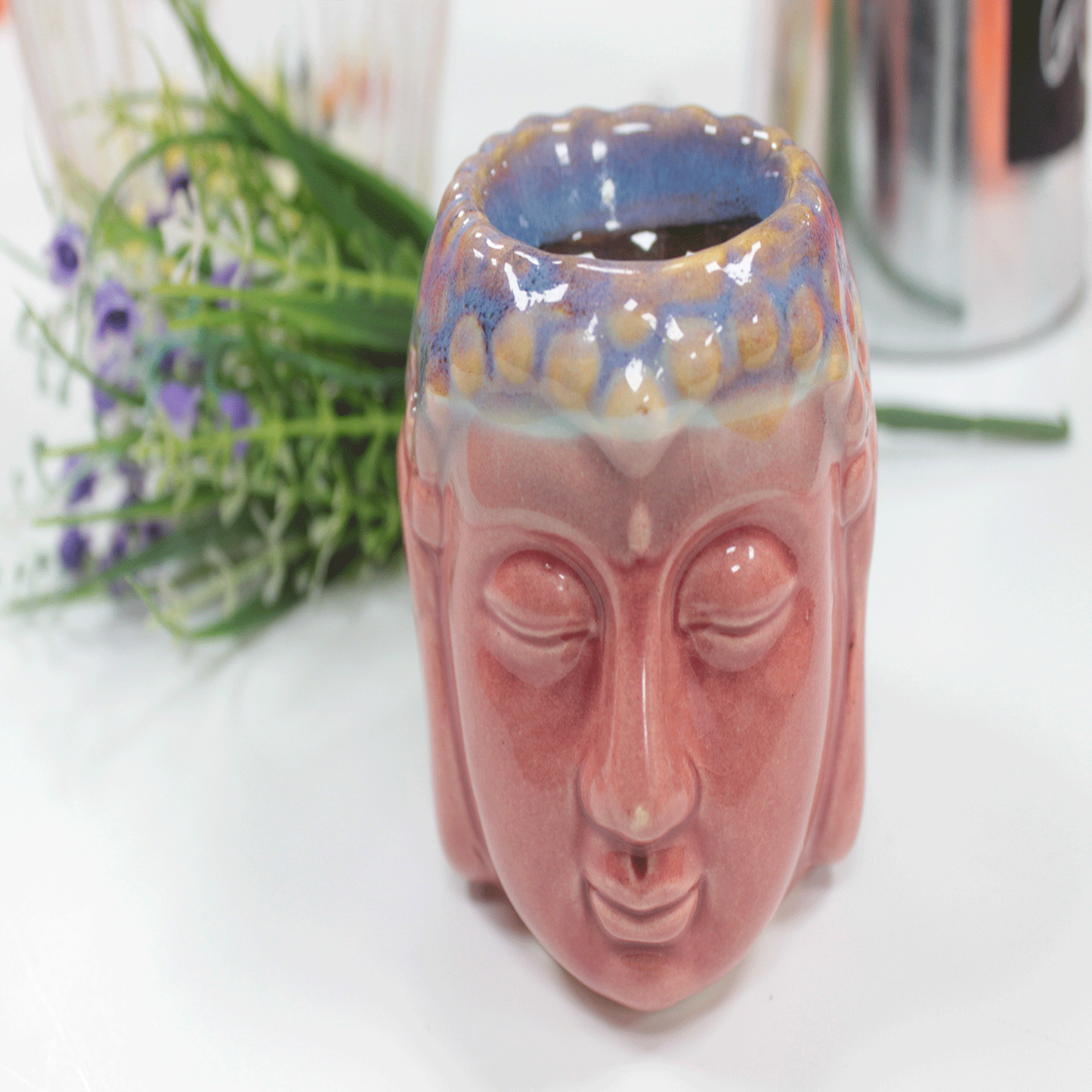 Brûleur à huile visage de Bouddha - Rose et bleu