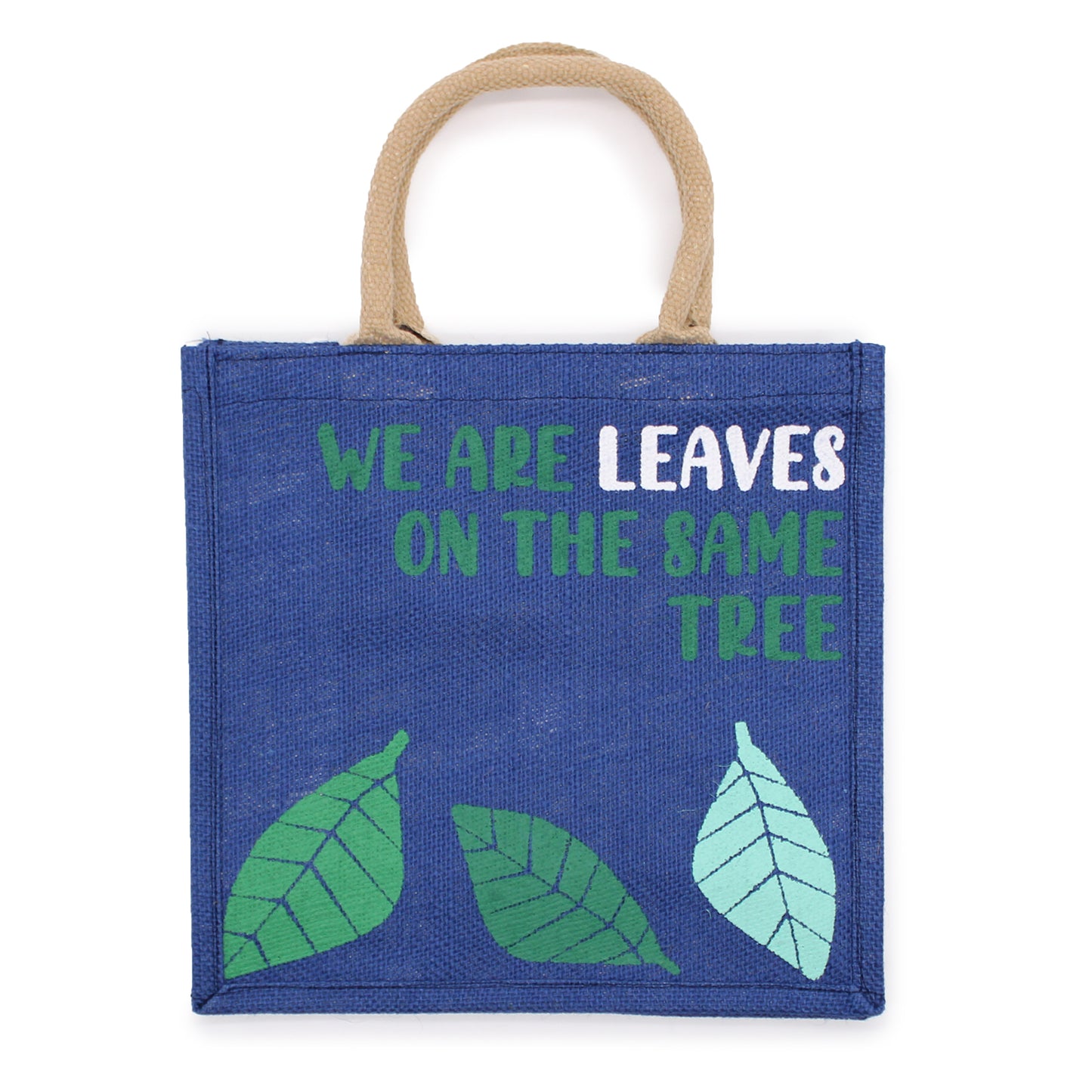 Sac en jute imprimé - Nous sommes des feuilles - Jaune, Bleu et Naturel