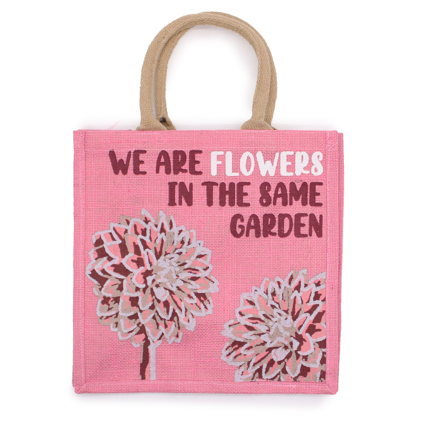 Sac en jute imprimé - Nous sommes des fleurs - Olive, Rose et Naturel