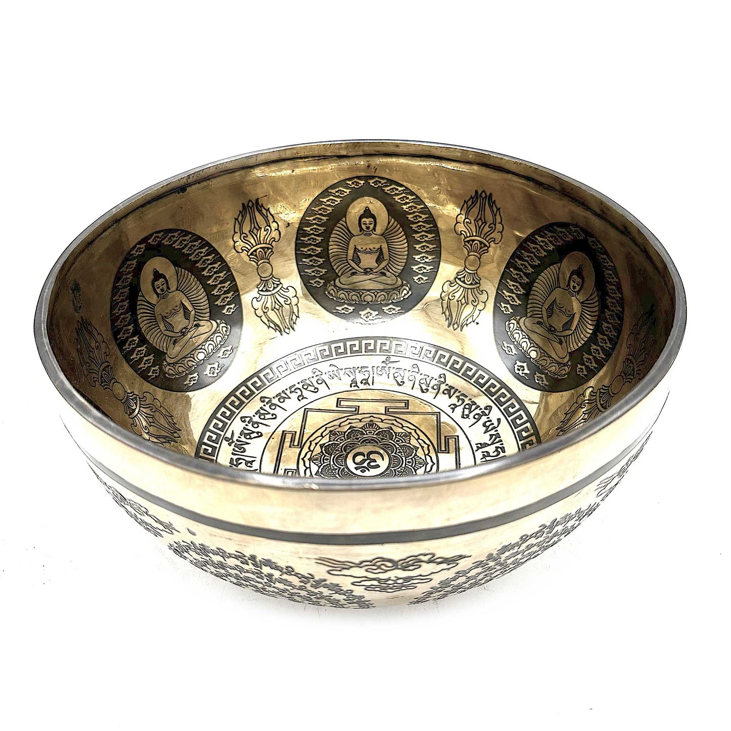 Bol chantant tibétain gravé de guérison - 21 cm - Om et Bouddha