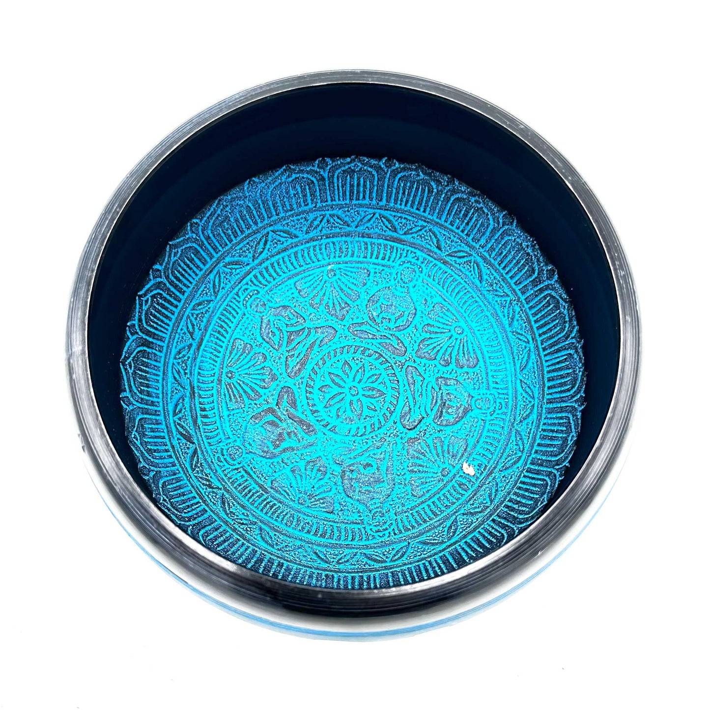 Bol chantant tibétain en poudre de terre - Mantra des cinq Bouddhas bleu - 16 cm