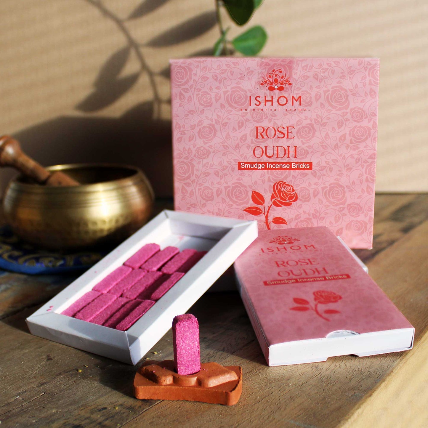 Lot de 15 briques d'encens naturel et brûleur - Bois de rose