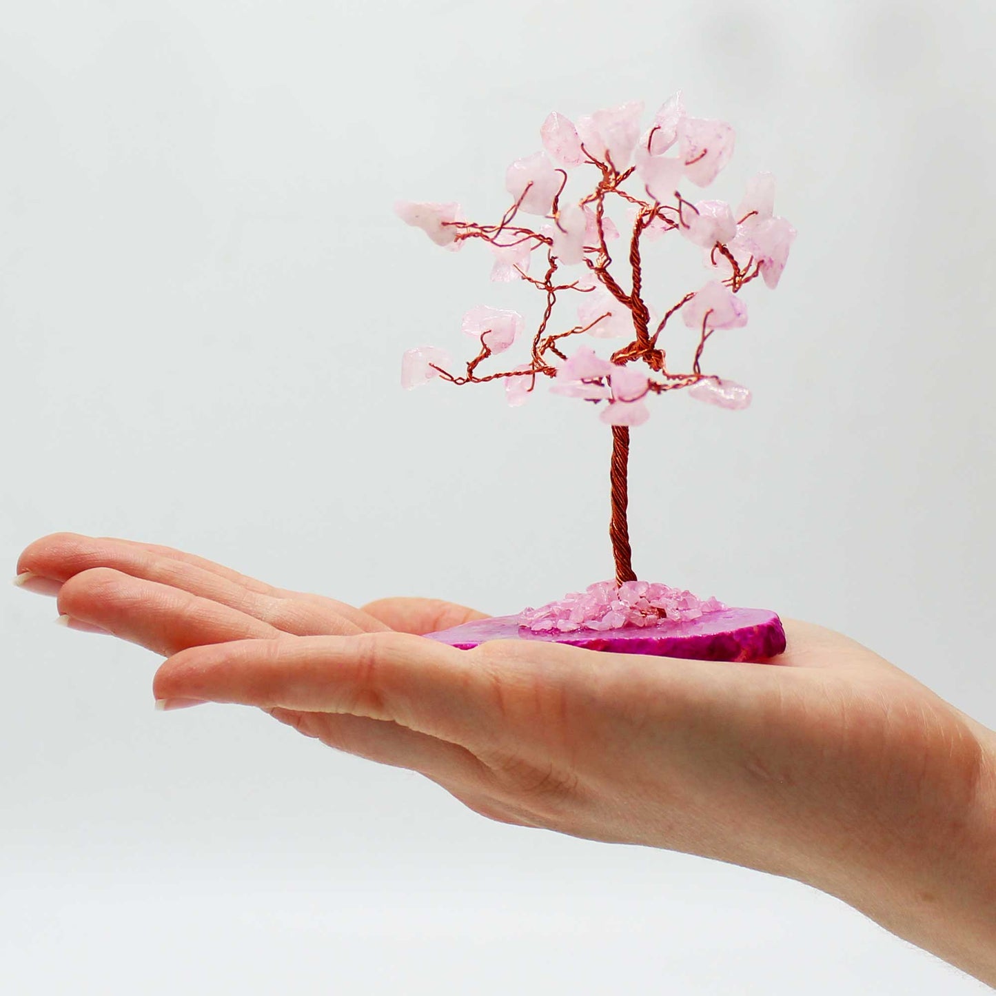 Edelsteinbaum: Rosenquarz auf rosa Achatbasis (35 Steine)