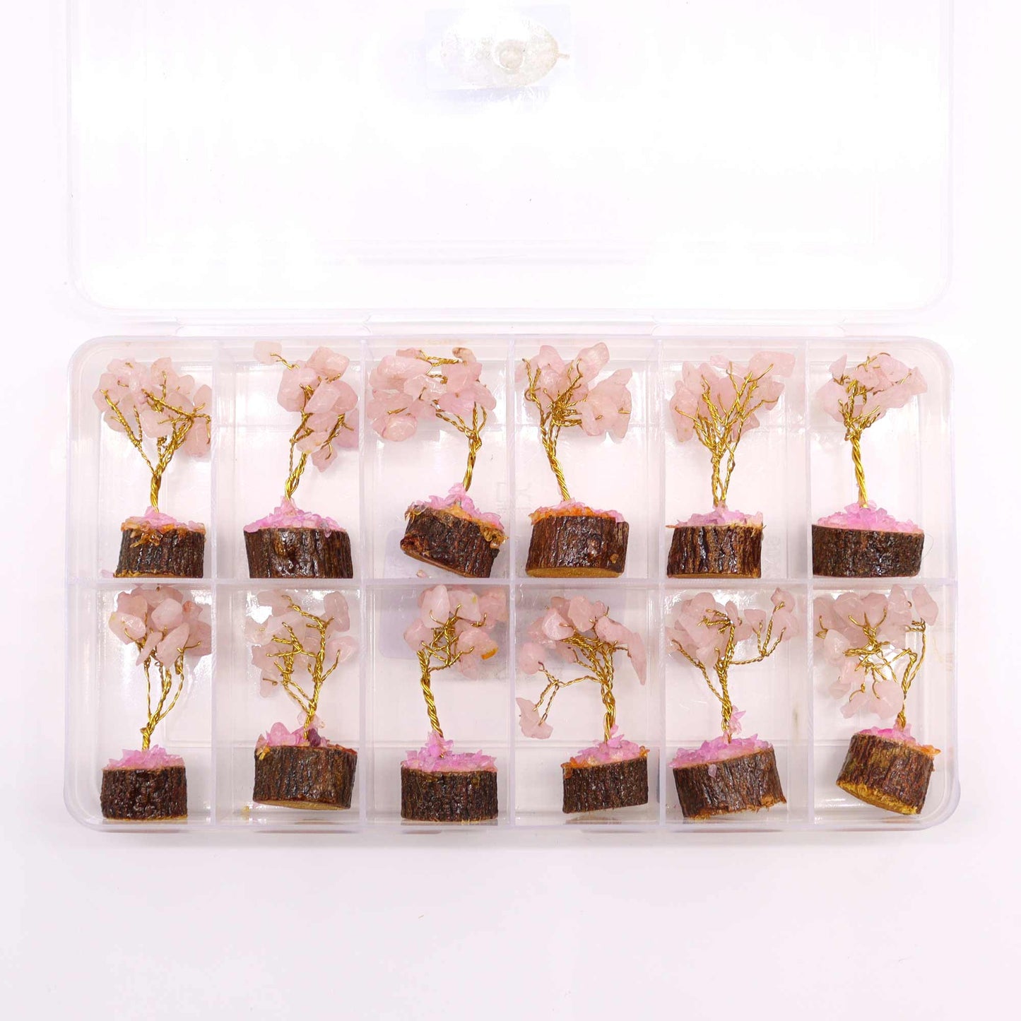 Mini arbre à pierres précieuses sur socle en bois – Quartz rose (15 pierres)