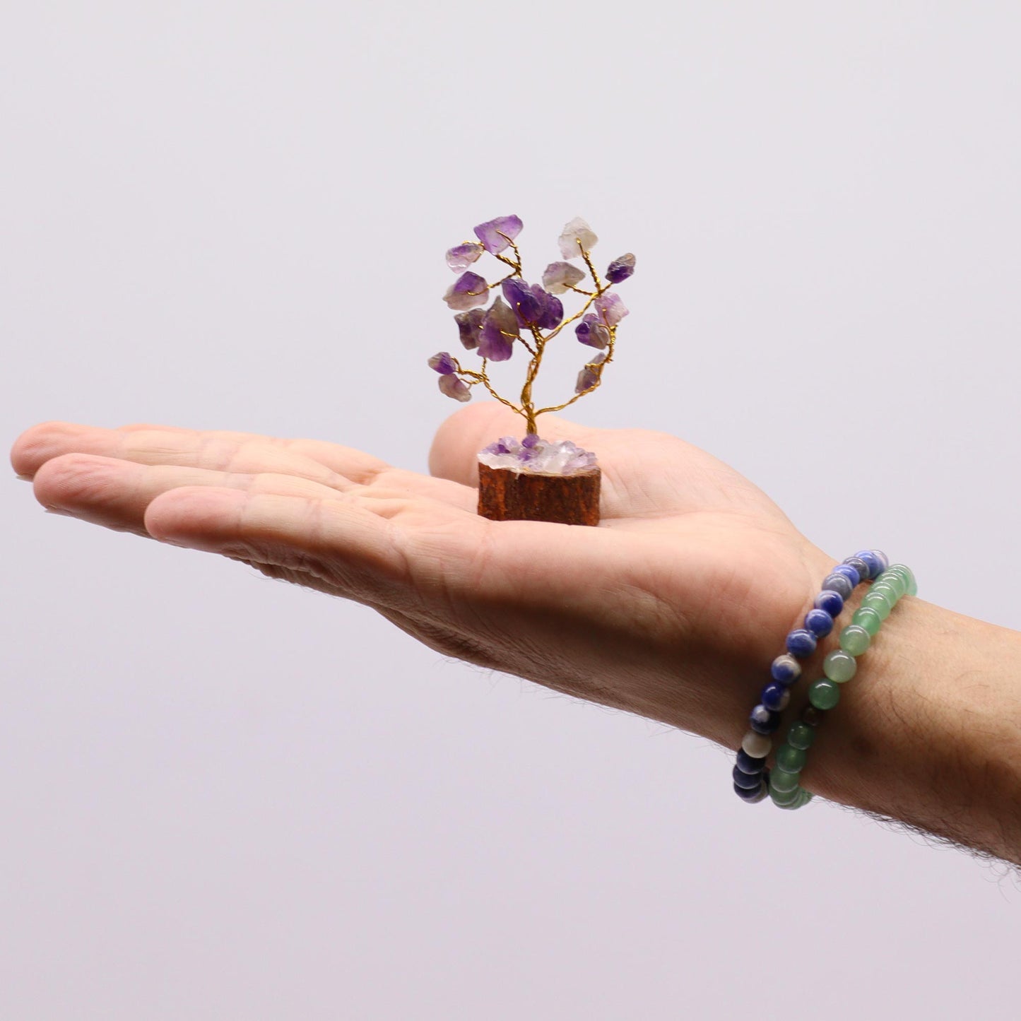 Mini arbre à pierres précieuses sur socle en bois - Améthyste (15 pierres)