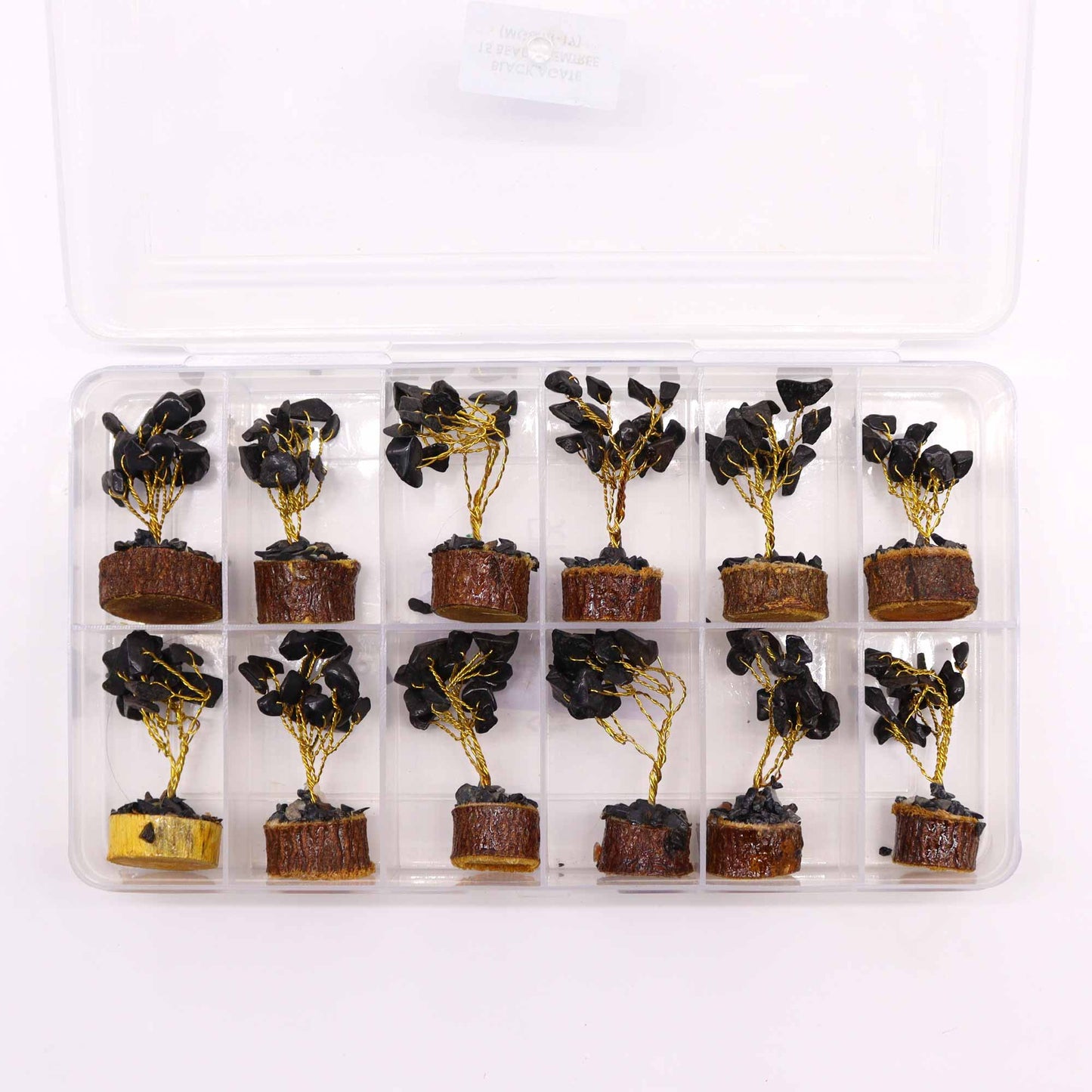 Mini arbre à pierres précieuses sur socle en bois – Agate noire (15 pierres)