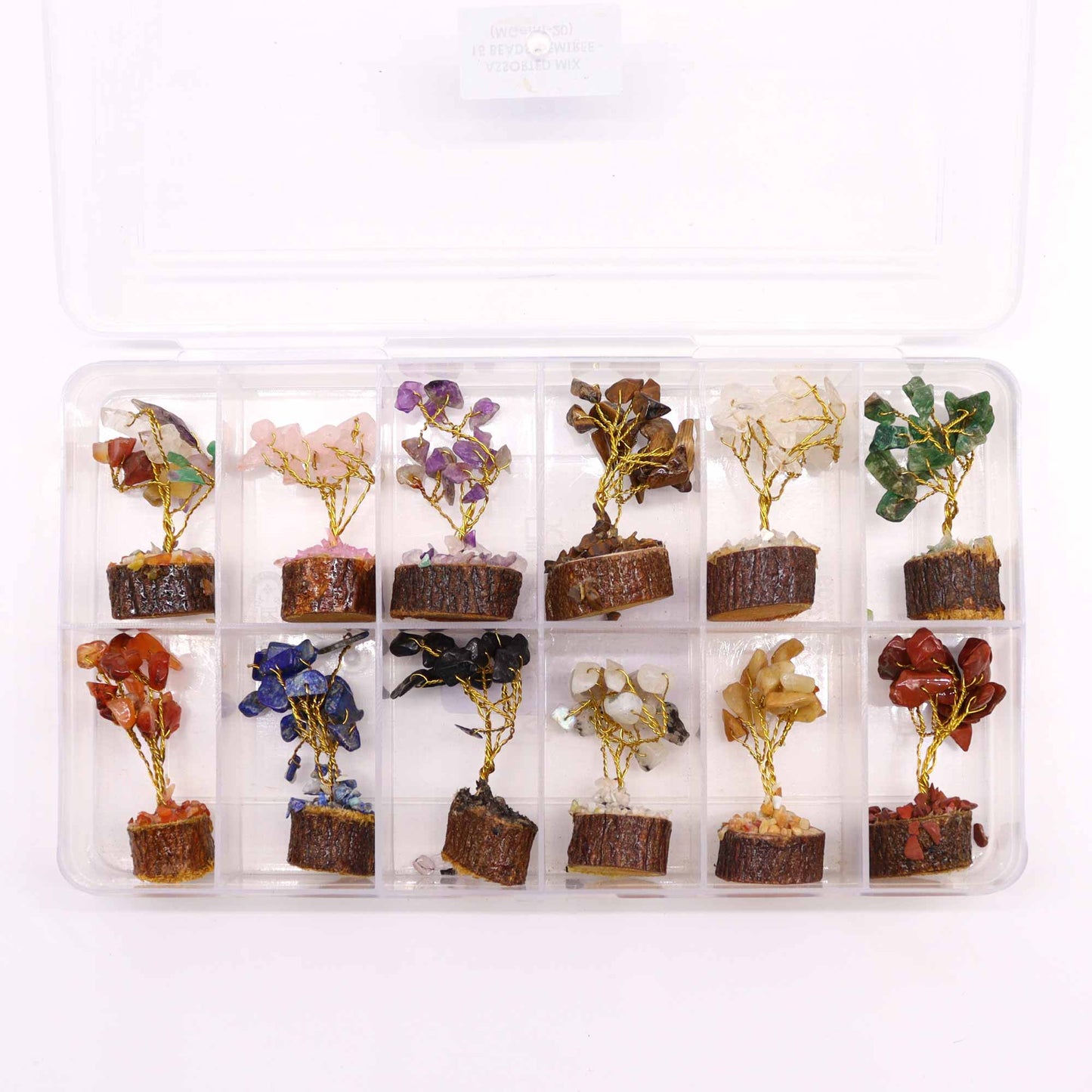 12 mini arbres à pierres précieuses sur socle en bois - Assortiment de 15 pierres