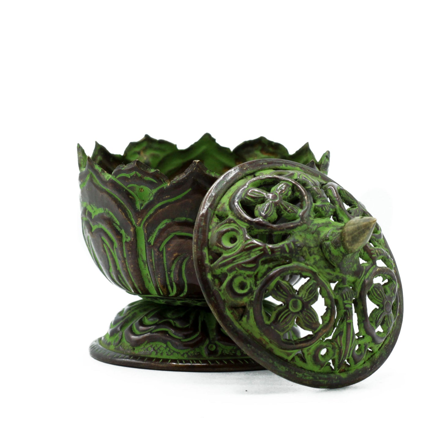 Brûle-encens tibétain en laiton vert-de-gris - Petit lotus