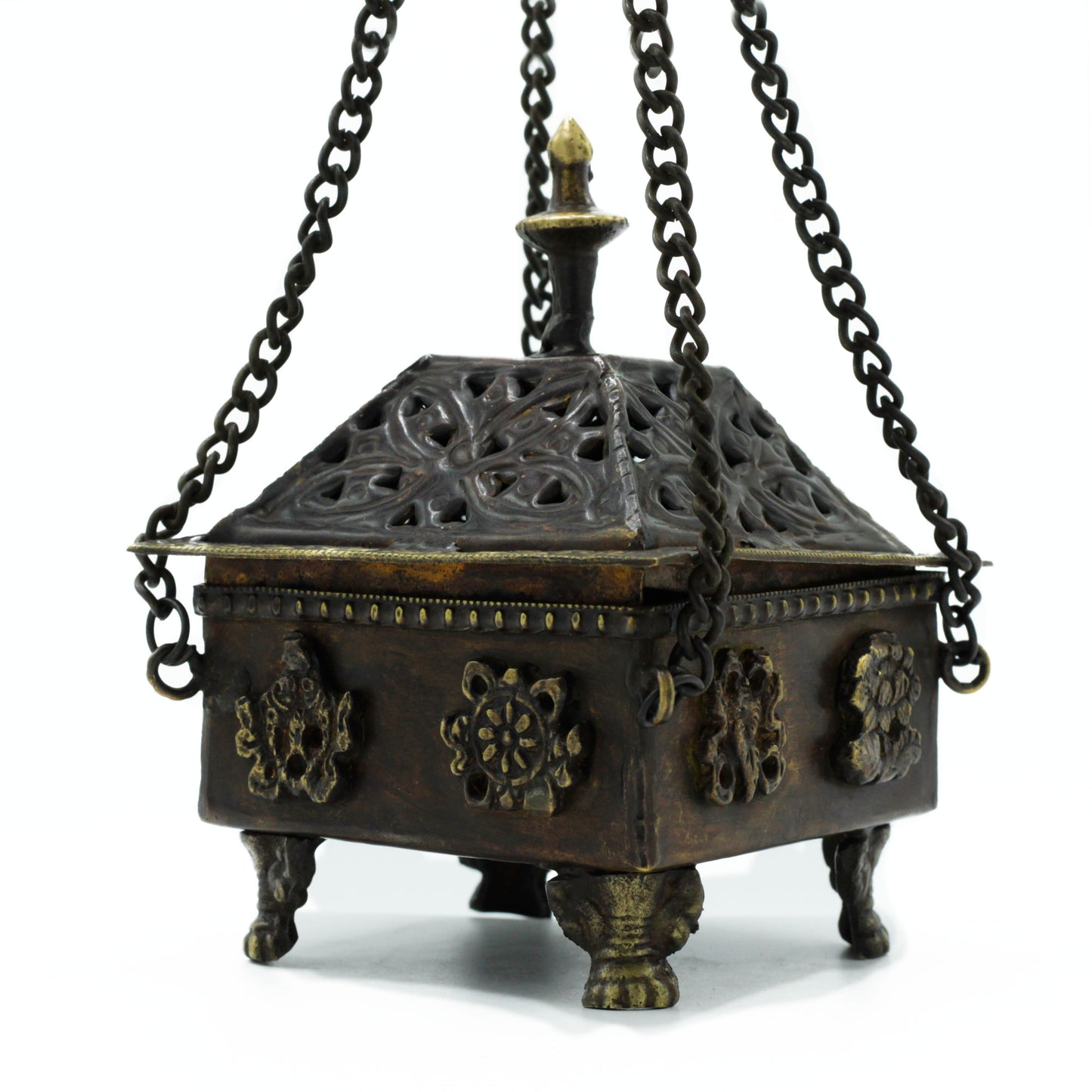 Brûleur tibétain en laiton - Pendentif carré huit symboles