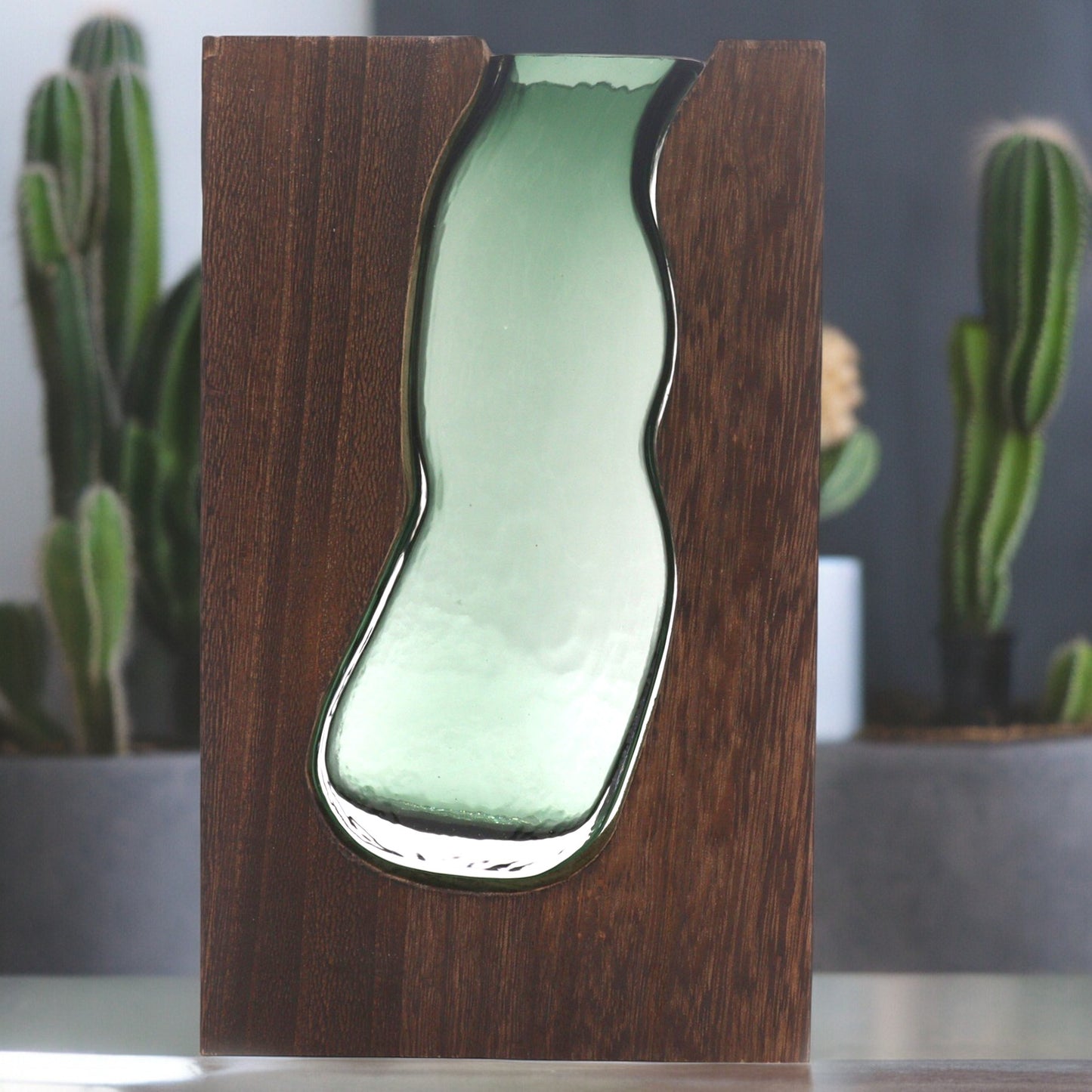 Große Glasvase / Terarium aus dunklem Tungholz – 18 x 5 x 32 cm