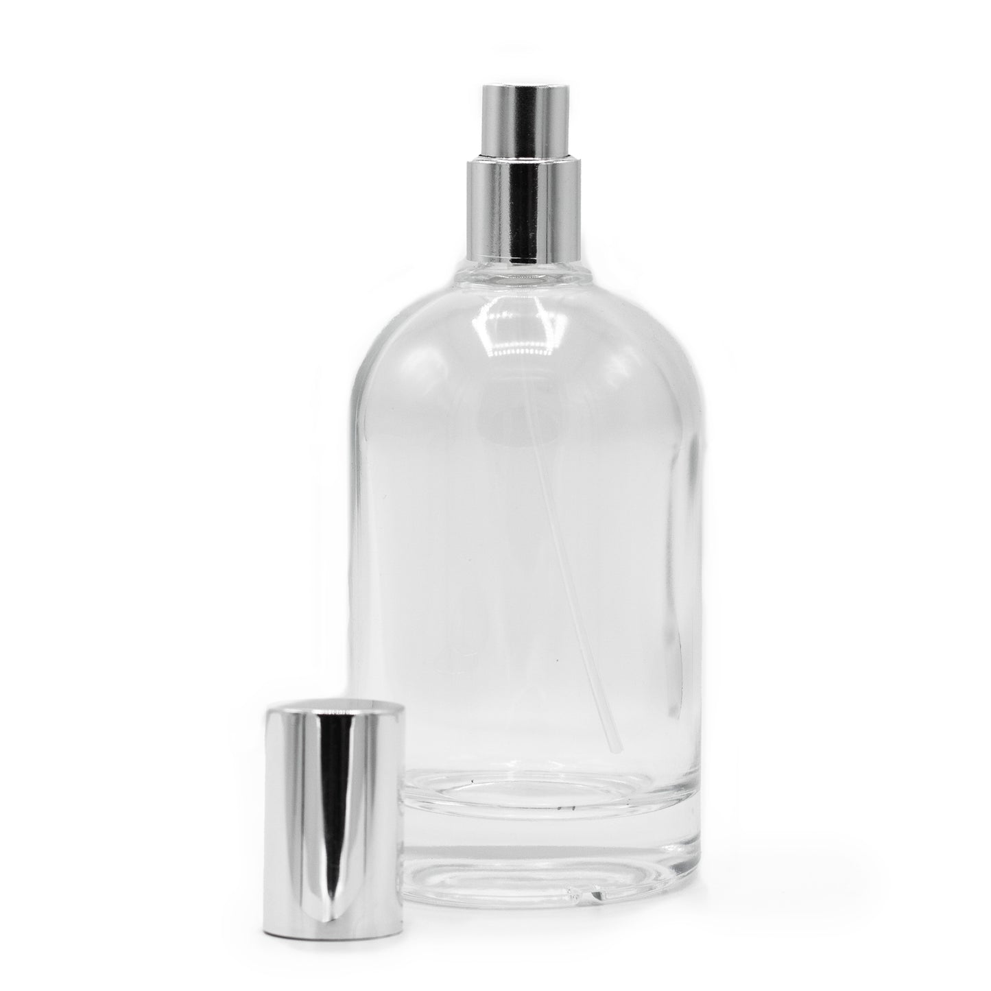 Flacon rond épais de 100 ml, spray et bouchon argentés