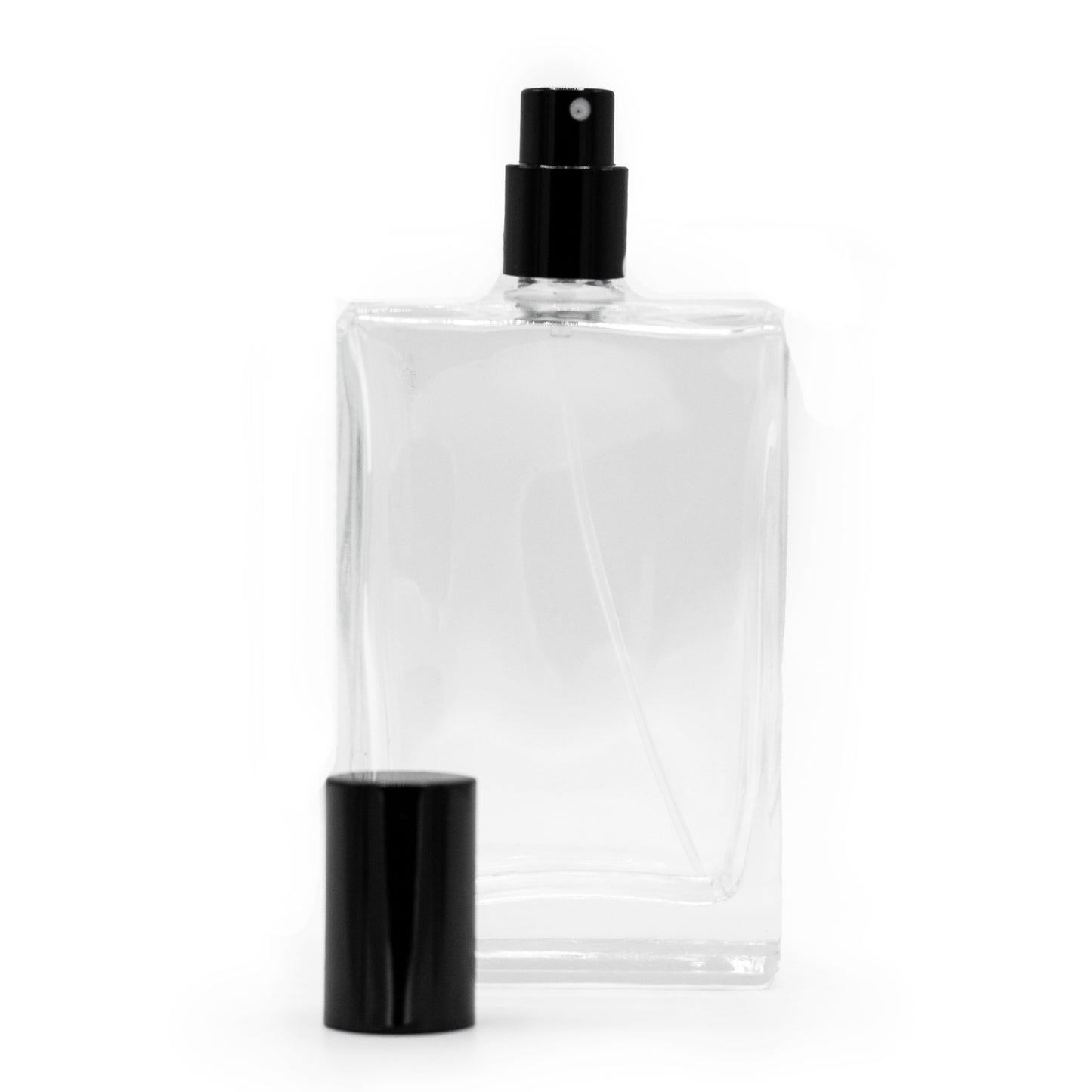 Flacon carré épais de 100 ml, spray et bouchon noirs