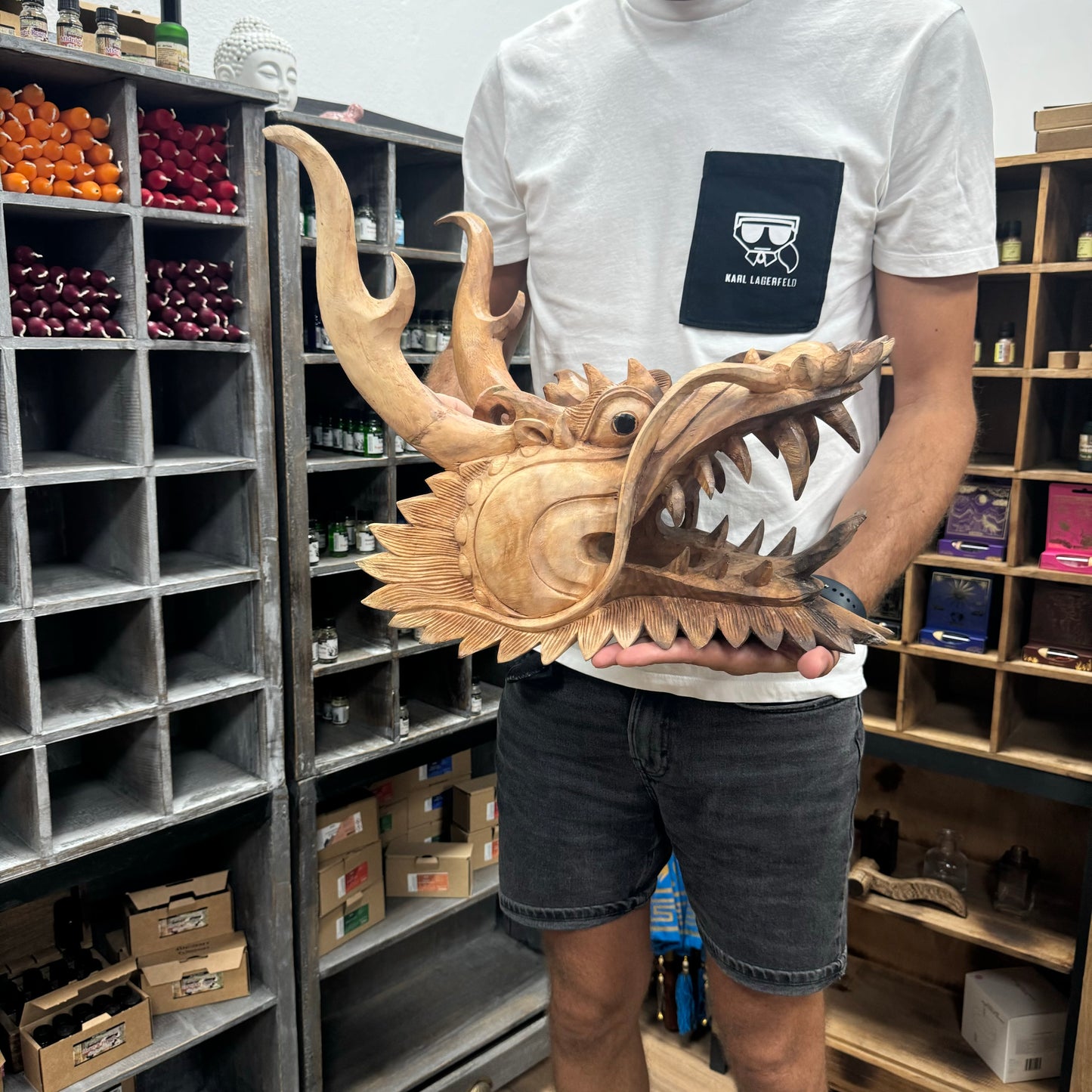 Geschnitzte Holzplatte – Drachenkopf in Lebensgröße – 30 cm