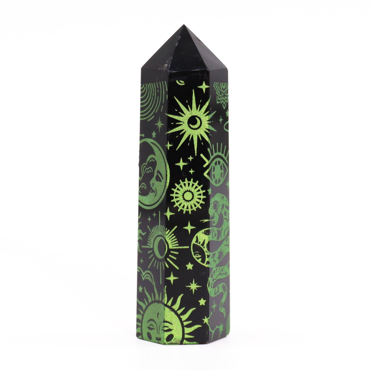 Schwarze Obsidianspitzen (ca. 60–70 g, 9 cm) – Mystische Geschichte – Grün