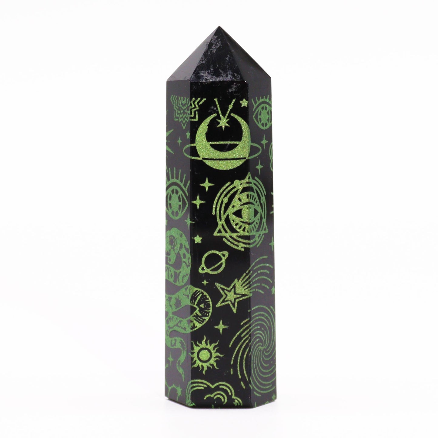 Schwarze Obsidianspitzen (ca. 60–70 g, 9 cm) – Mystische Geschichte – Grün