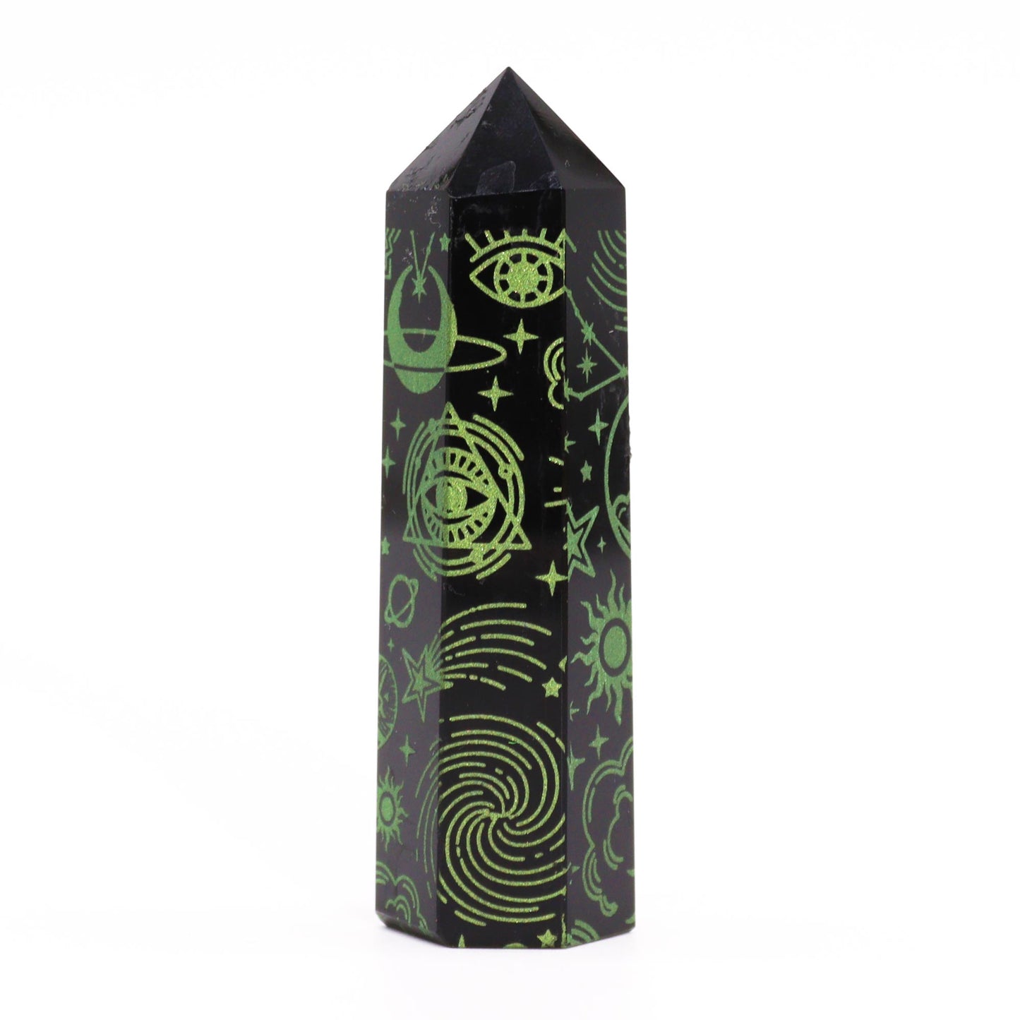Schwarze Obsidianspitzen (ca. 60–70 g, 9 cm) – Mystische Geschichte – Grün