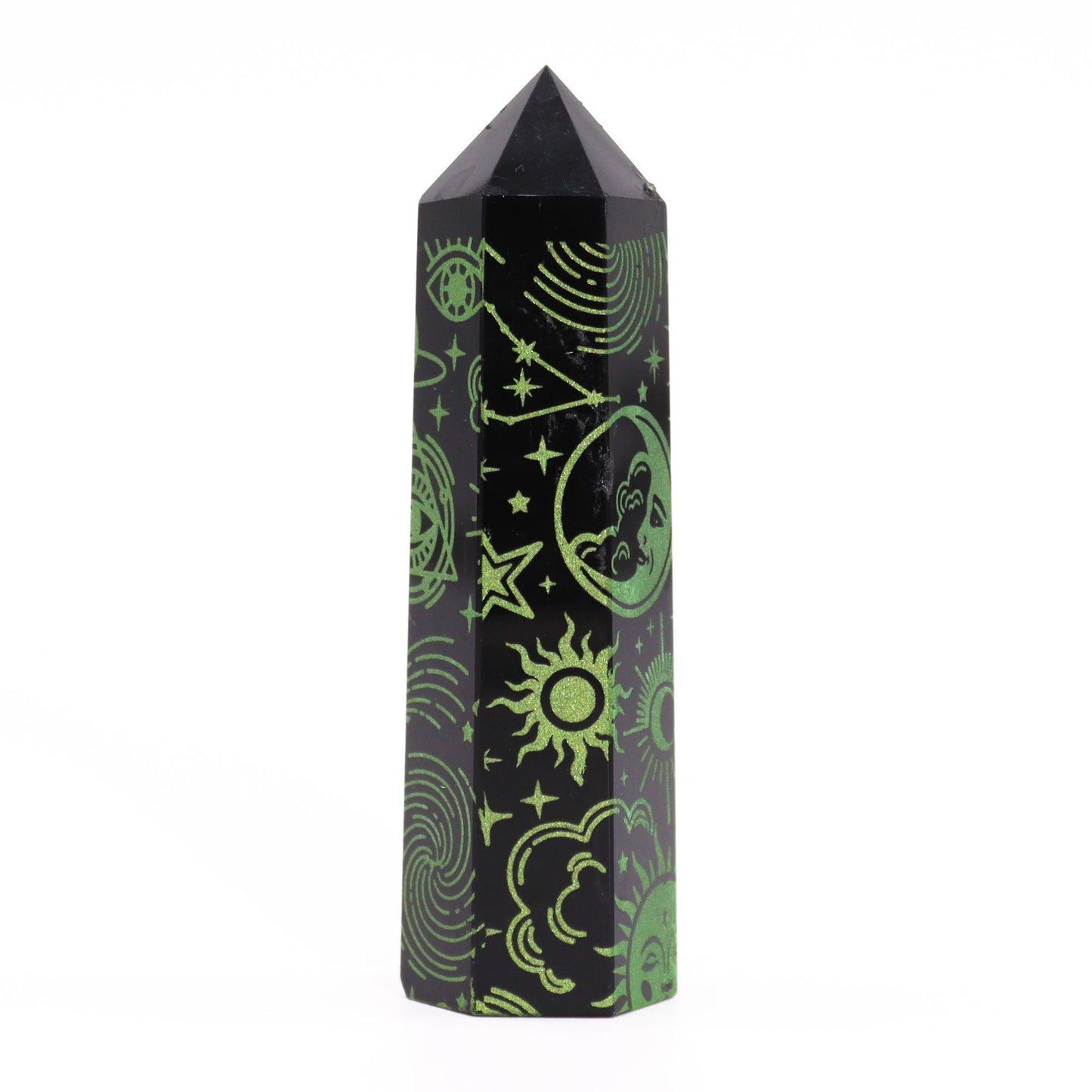 Schwarze Obsidianspitzen (ca. 60–70 g, 9 cm) – Mystische Geschichte – Grün