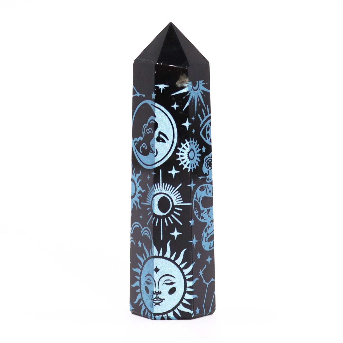 Schwarze Obsidianspitzen (ca. 60–70 g, 9 cm) – Mystische Geschichte – Himmelblau