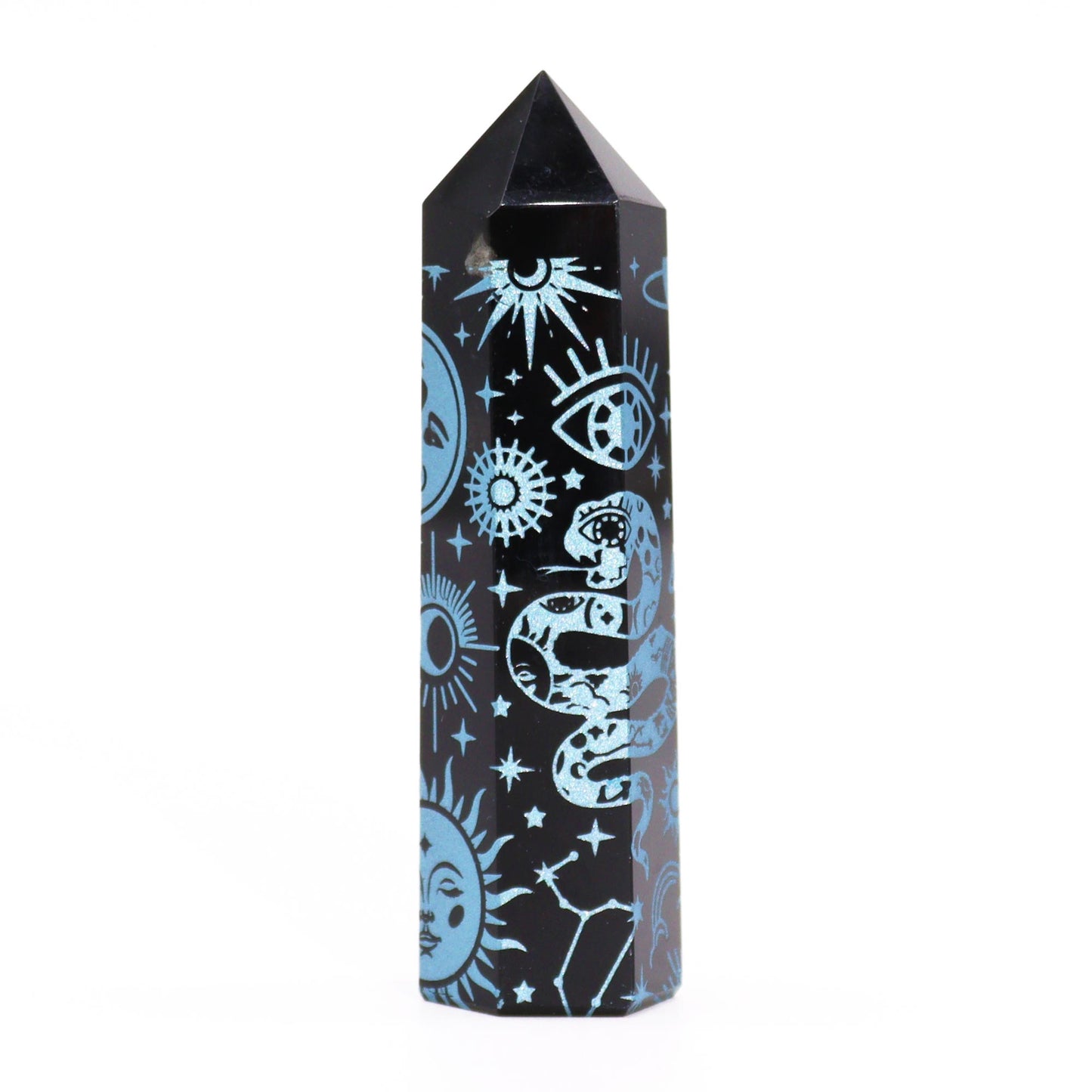 Schwarze Obsidianspitzen (ca. 60–70 g, 9 cm) – Mystische Geschichte – Himmelblau