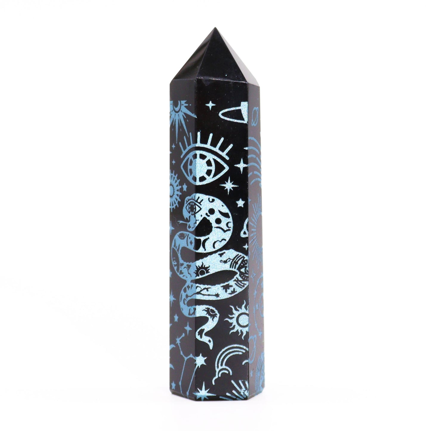 Schwarze Obsidianspitzen (ca. 60–70 g, 9 cm) – Mystische Geschichte – Himmelblau