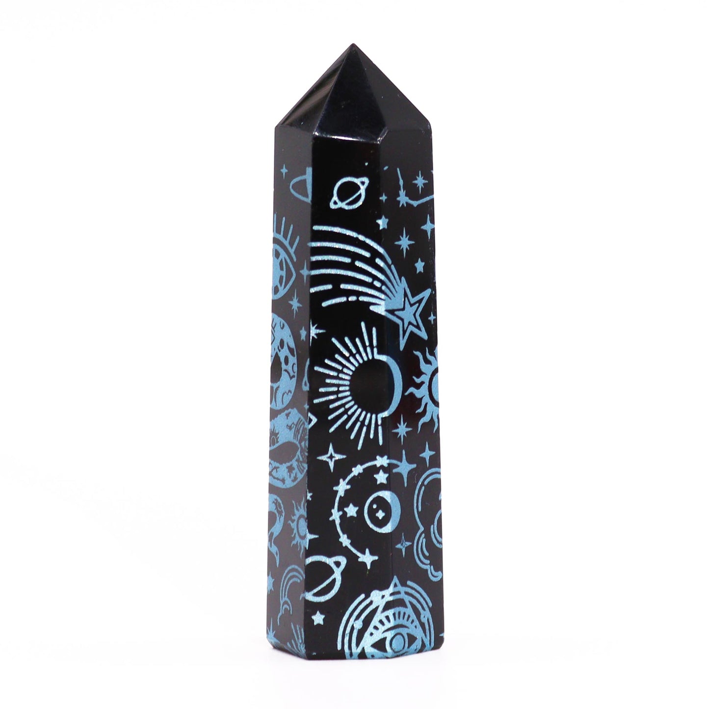 Schwarze Obsidianspitzen (ca. 60–70 g, 9 cm) – Mystische Geschichte – Himmelblau