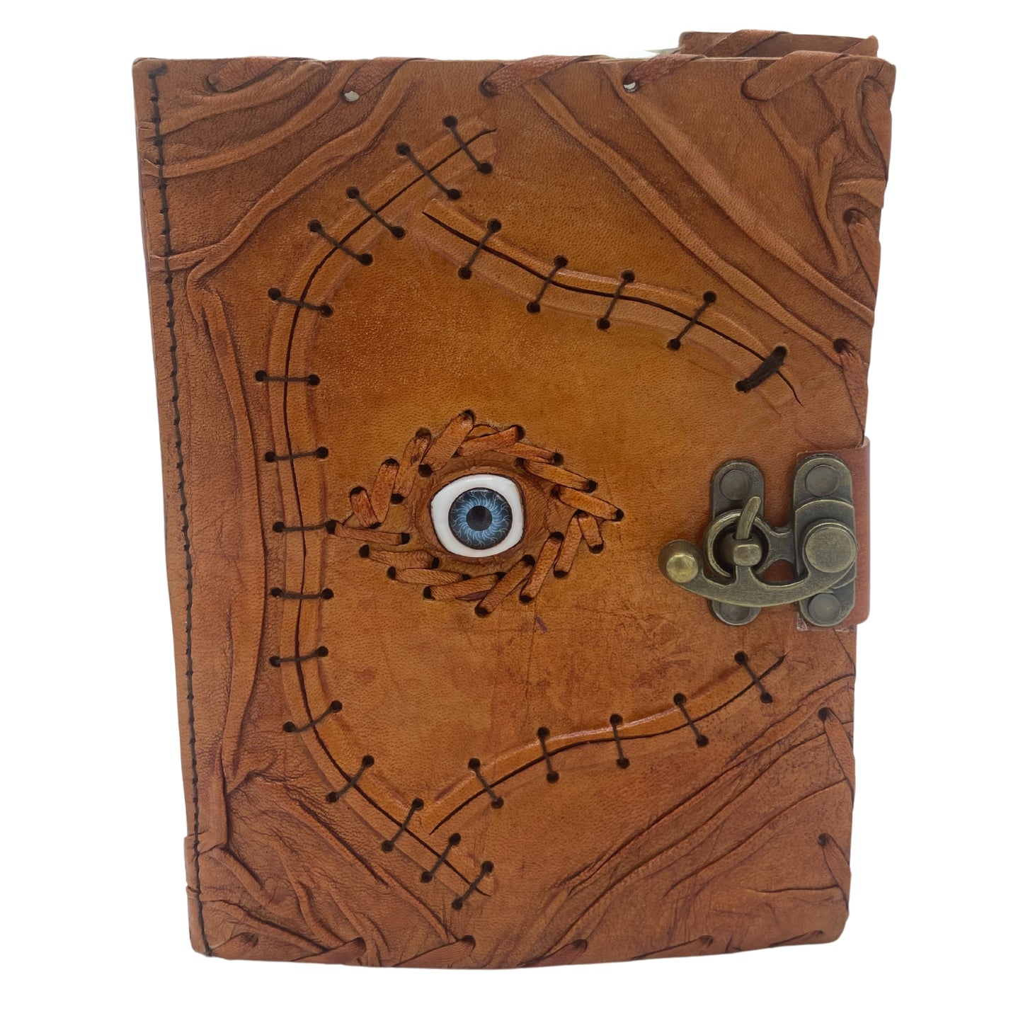 Carnet de notes marron clair avec bords usés et motif mauvais œil