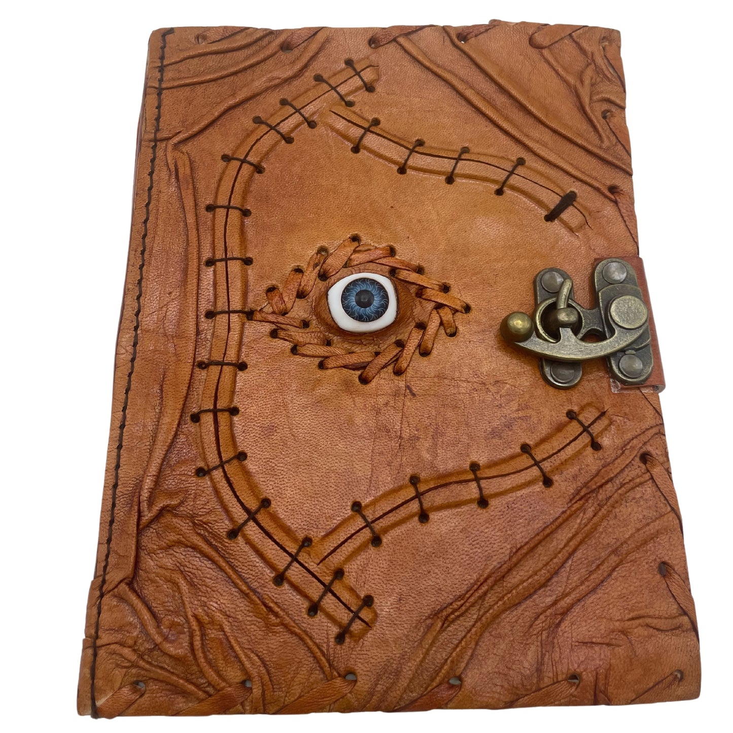 Carnet de notes marron clair avec bords usés et motif mauvais œil