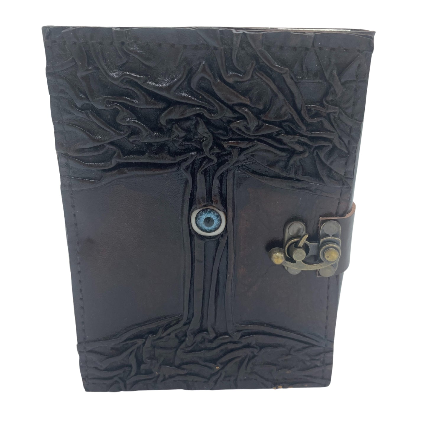 Carnet de notes marron foncé avec bords usés et motif « mauvais œil »