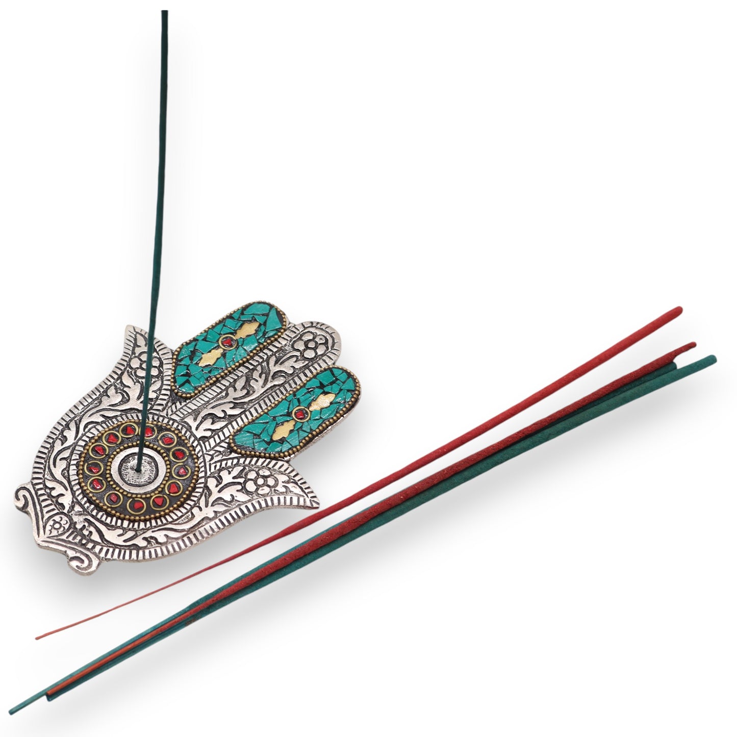 Kleiner grüner Hamsa-Räucherstäbchenhalter 13 x 5,5 cm