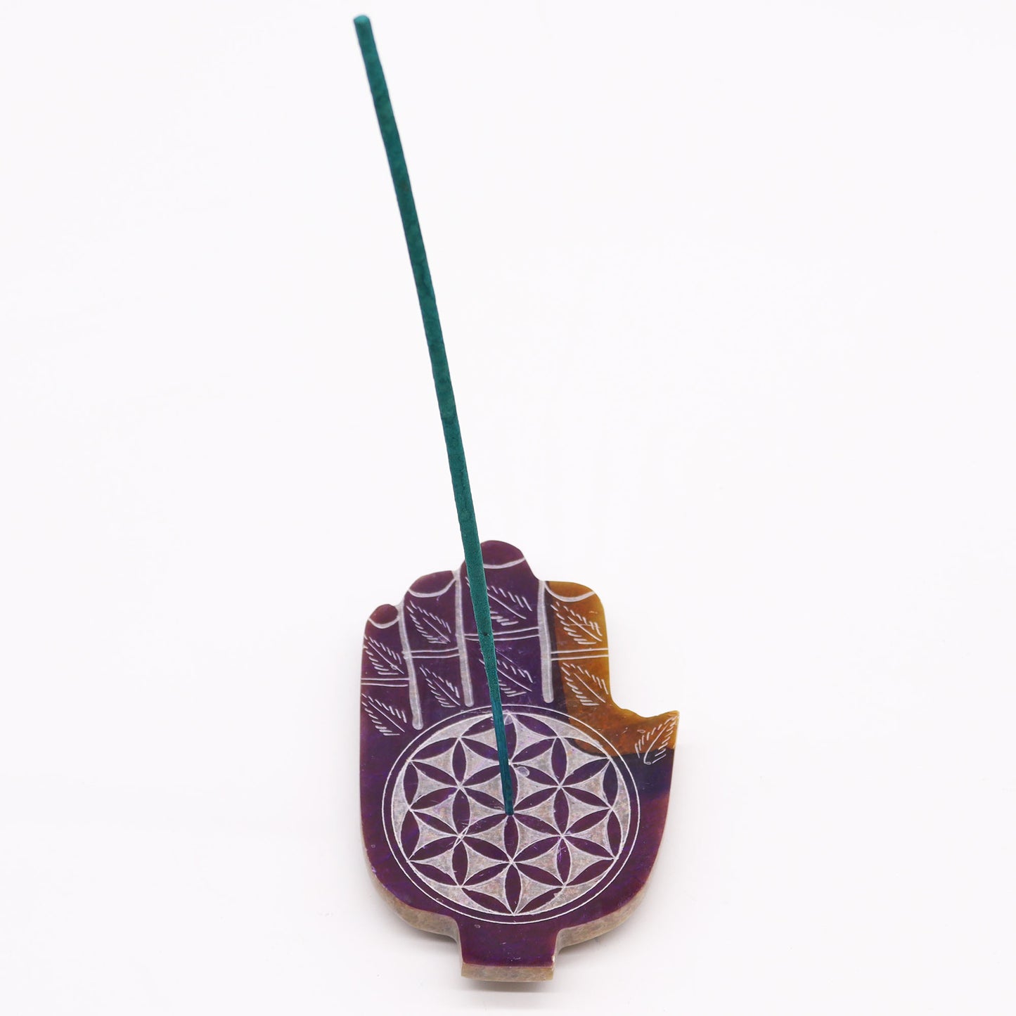 Mittlerer Hamsa-Räucherstäbchenhalter aus Speckstein 13x9cm - Blume des Lebens