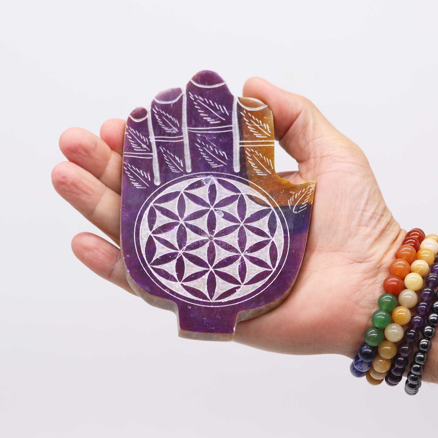 Mittlerer Hamsa-Räucherstäbchenhalter aus Speckstein 13x9cm - Blume des Lebens